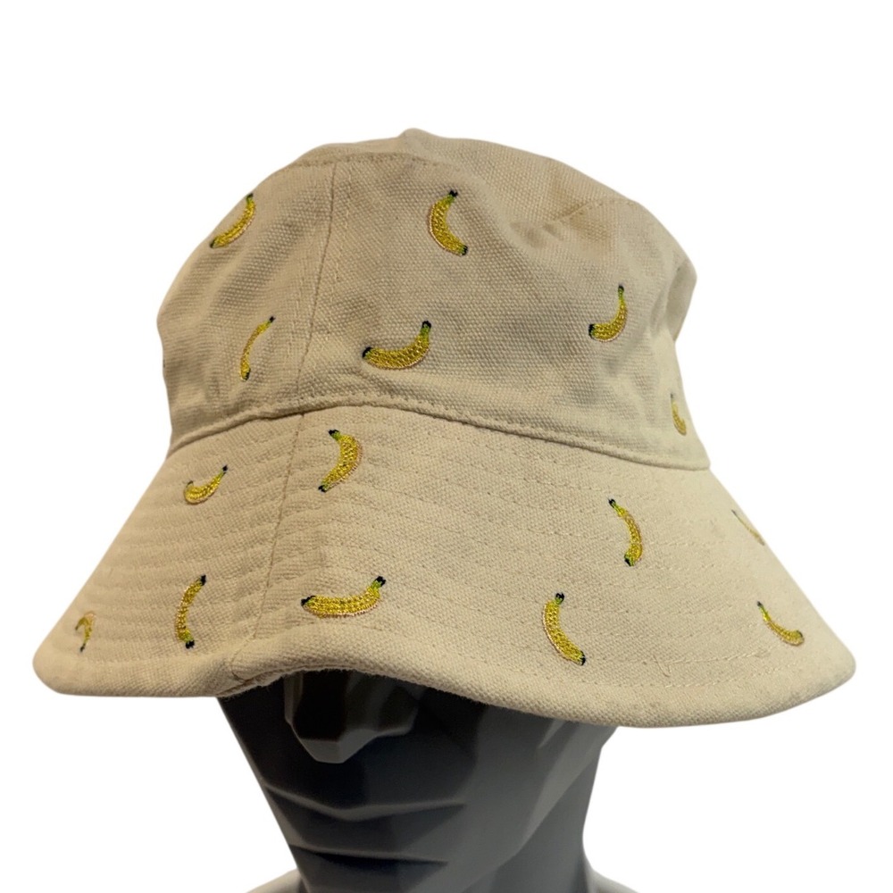 Beige Embroidered Banana Pattern Canvas Bucket Hat Summer Festival Sun Cap